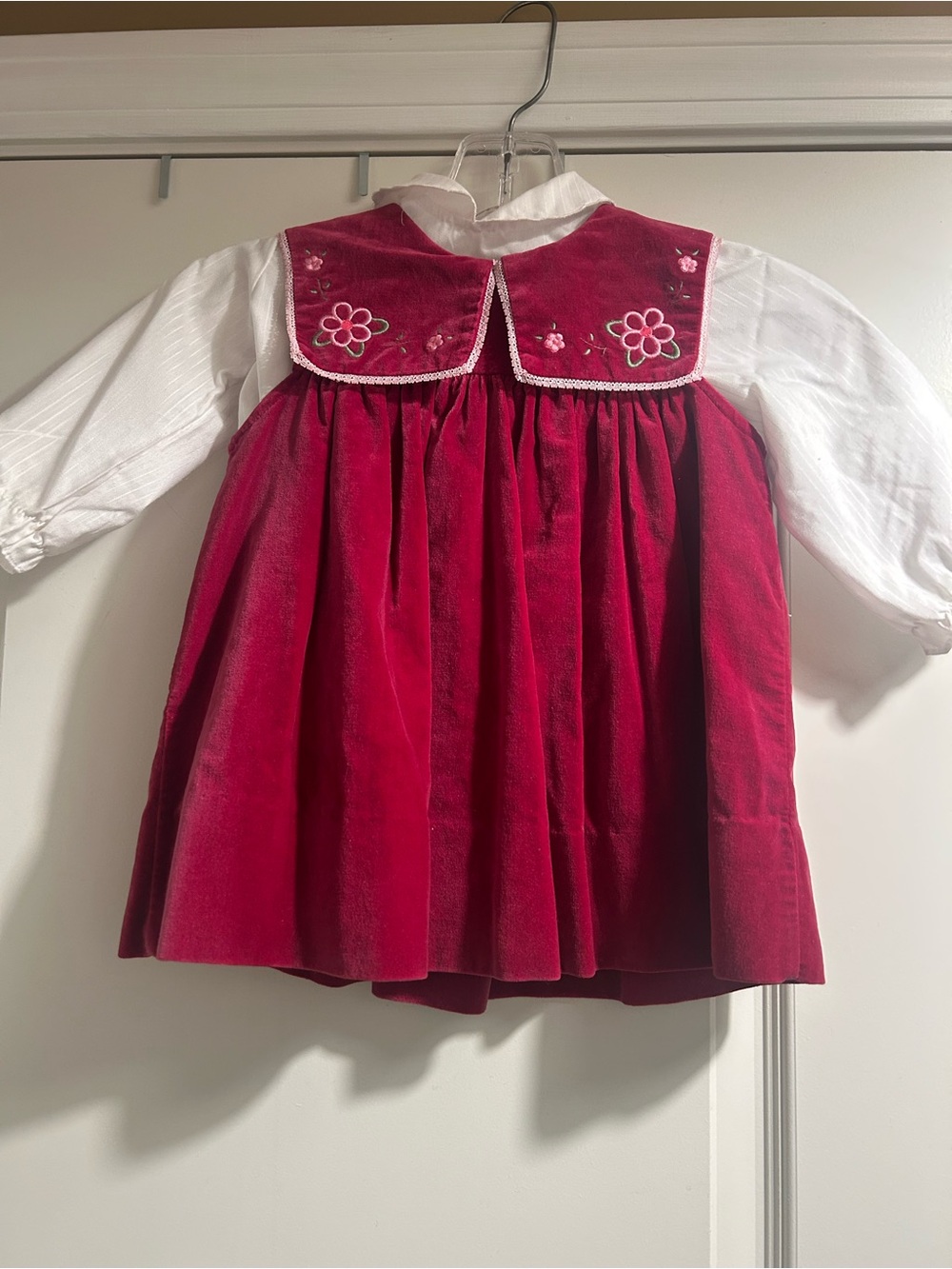 VTG. Red Velvet Children's Dress with Embroidered Sailor Collar